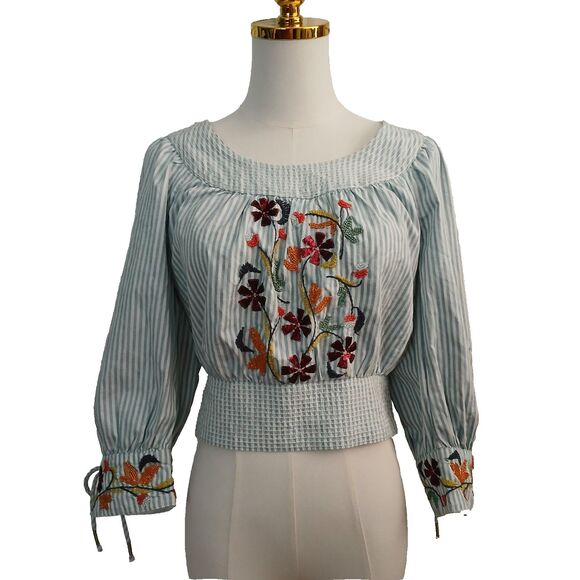 Anthropologie Women's Small Embroidered Smocked Crop Top Cotton Elastic Waist - Picture 2 of 16